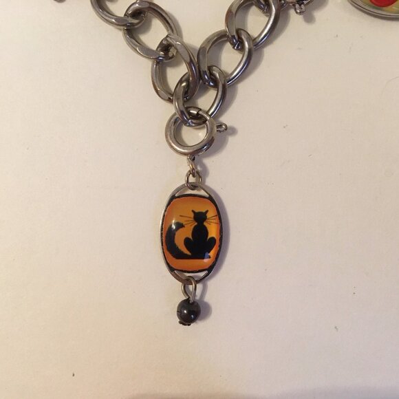 6 Charms Bracelet Silvertone Metal Link Chain Spoiled Bear Cat Moon I Luv U Bead - Picture 5 of 8